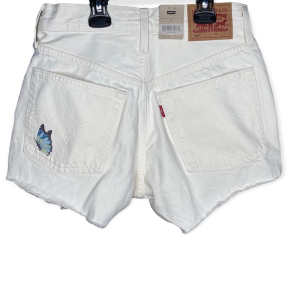 Levi 501 Denim Shorts 24” Cream Butterfly 🦋 Print High Rise Button Raw Edge - Picture 7 of 13